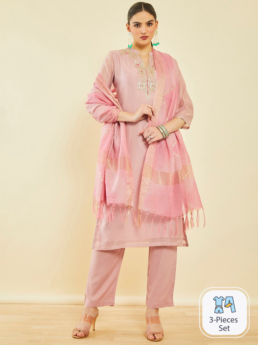 

Soch Ethnic Motifs Embroidered Thread Work Chanderi Silk Kurta & Trousers With Dupatta, Pink