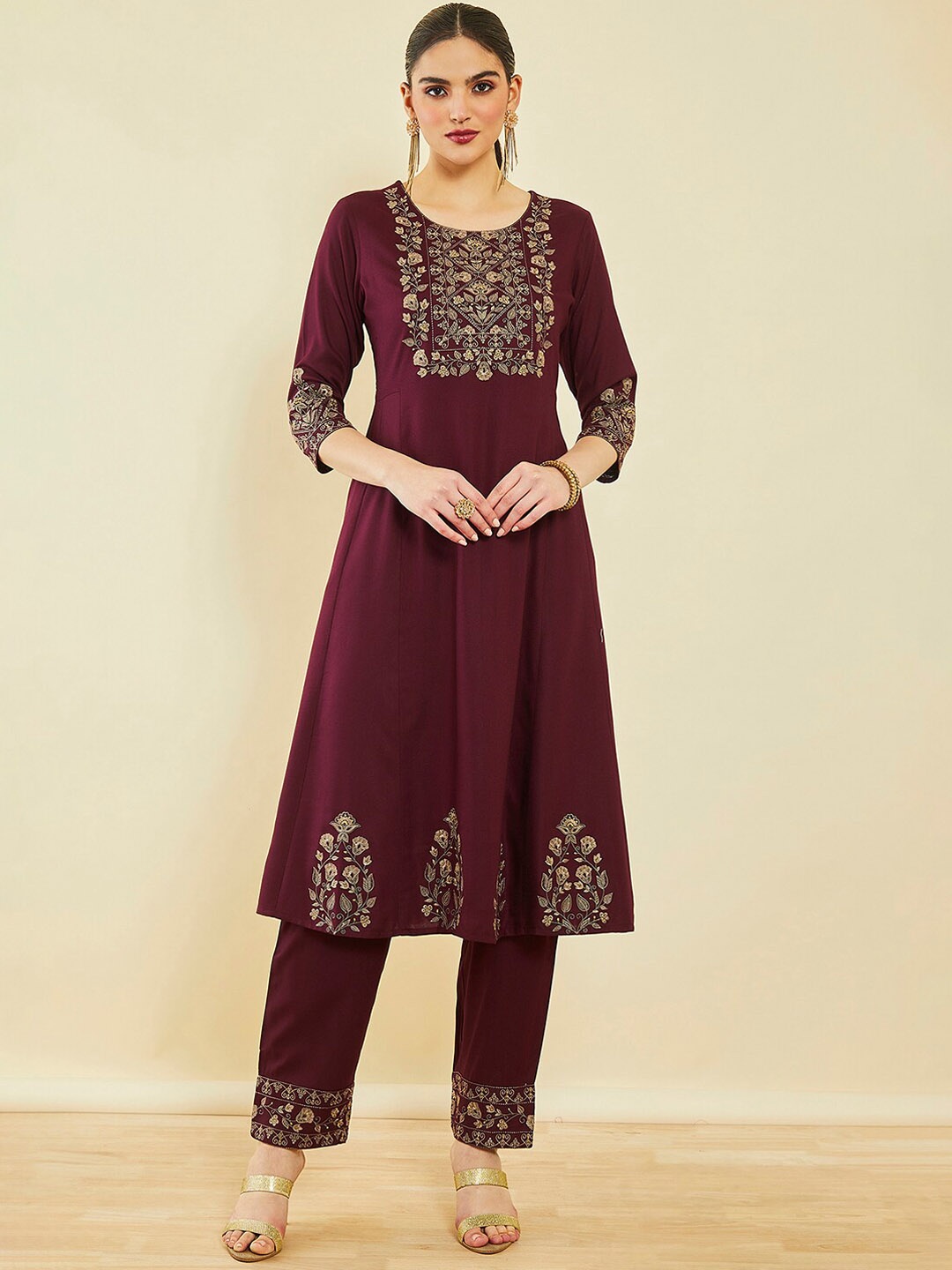 

Soch Floral Embroidered Thread Work Kurta With Trousers, Maroon