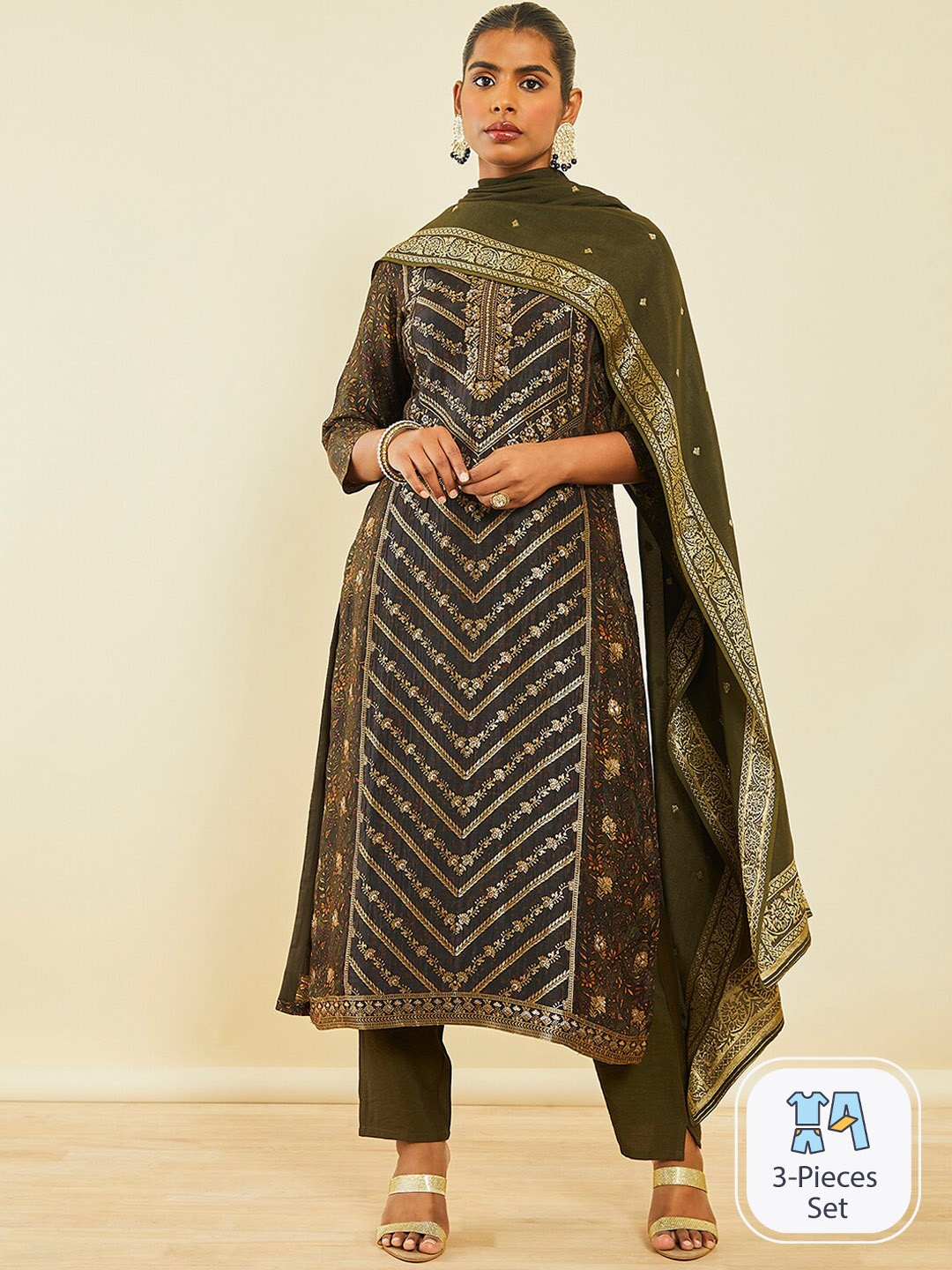 

Soch Ethnic Motifs Embroidered Regular Beads and Stones Kurta With Trousers & Dupatta, Green