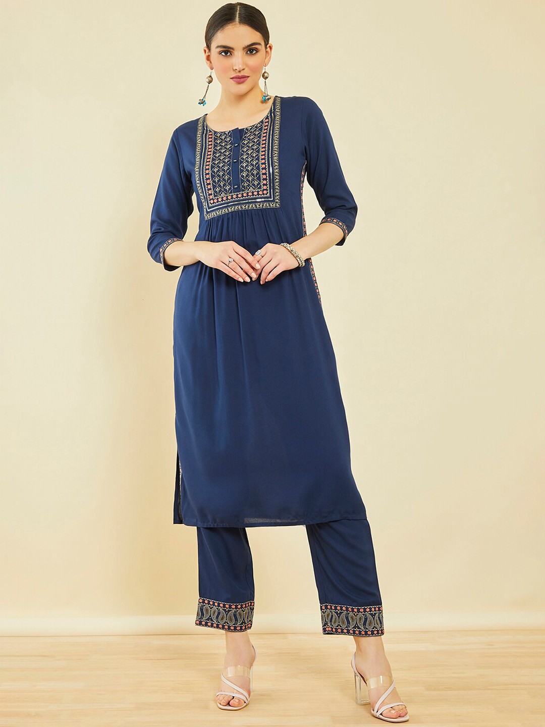 

Soch Ethnic Motifs Embroidered Sequinned Kurta with Trousers, Blue