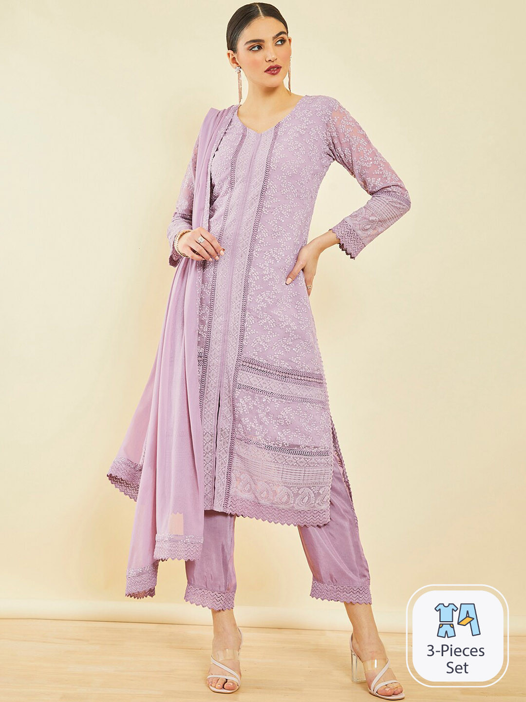 

Soch Floral Embroidered Regular Thread Work Kurta with Trousers & With Dupatta, Purple