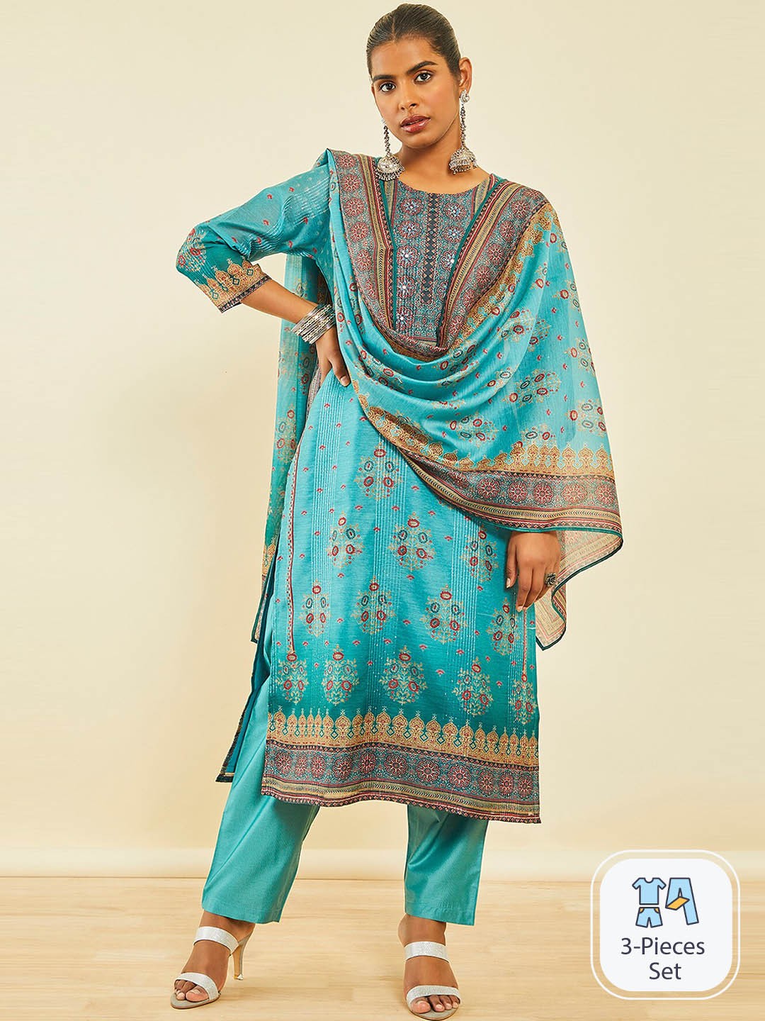 

Soch Ethnic Motifs Printed Regular Sequinned Kurta with Trousers & Dupatta, Turquoise blue