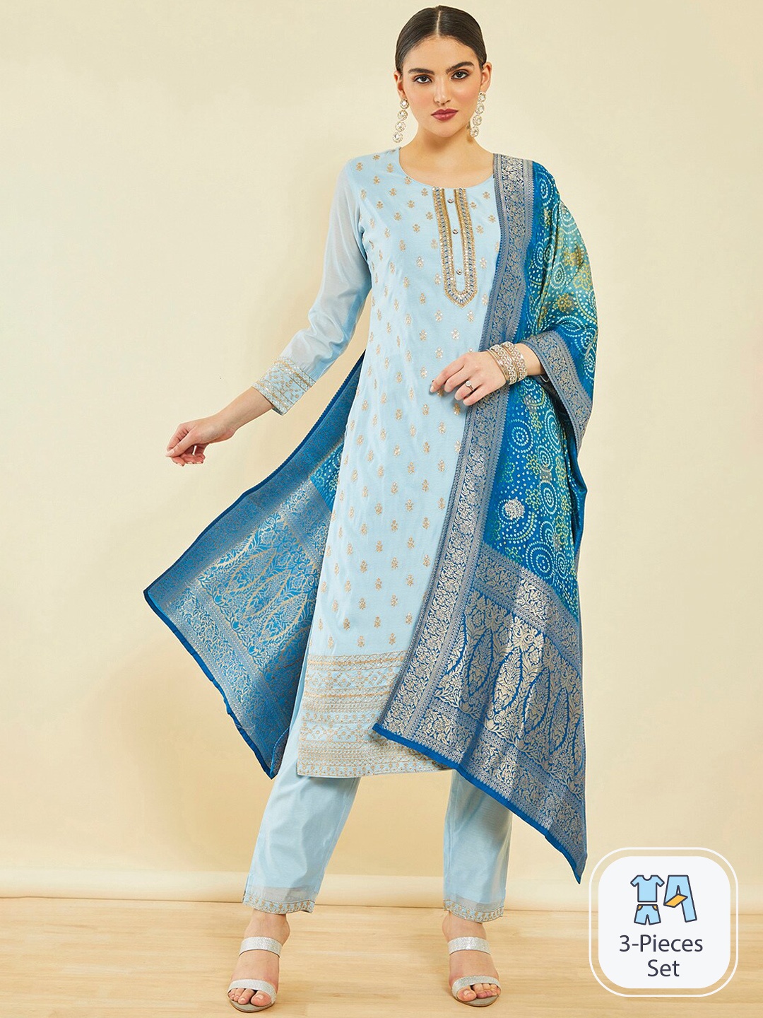 

Soch Ethnic Motifs Embroidered Sequinned Chanderi Silk Kurta With Trousers & Dupatta, Blue