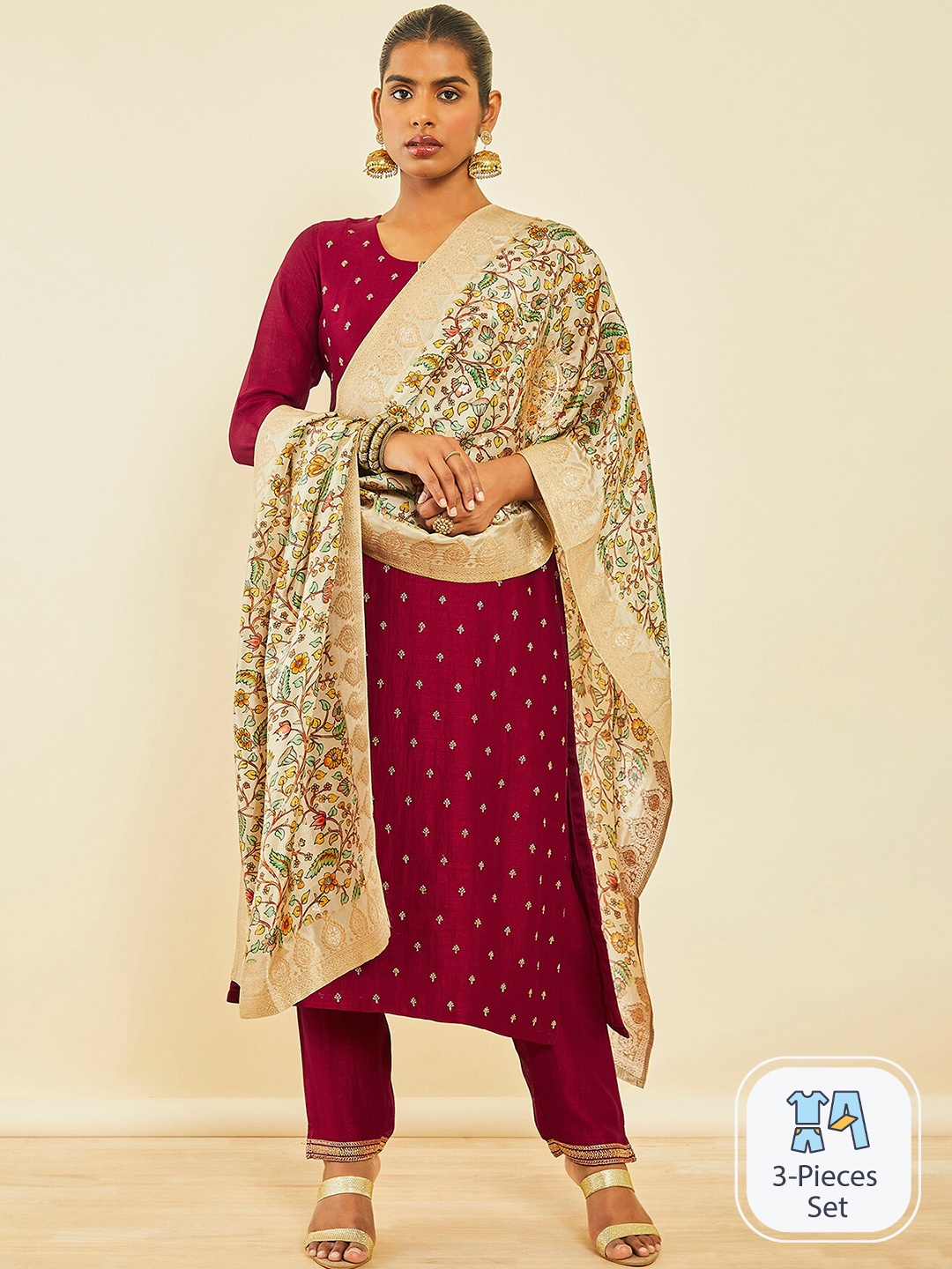 

Soch Ethnic Motifs Embroidered Beads and Stones Kurta & Trousers With Dupatta, Maroon