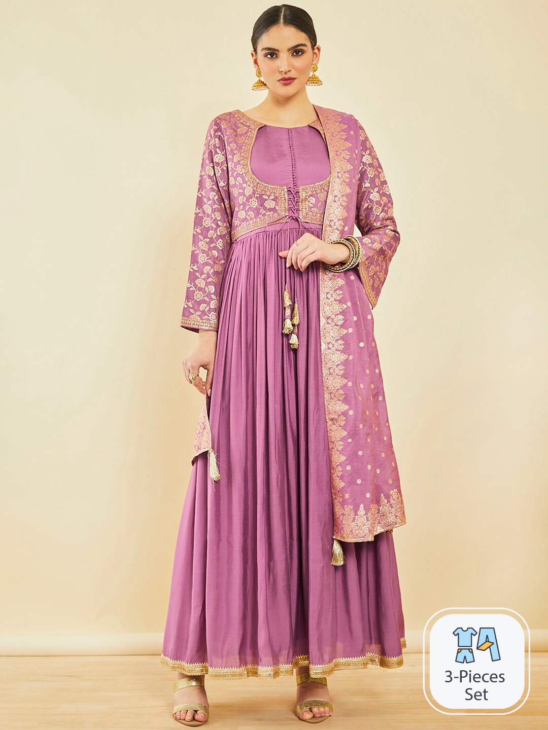 

Soch Ethnic Motifs Printed Regular Kurta & Churidar With Dupatta, Pink