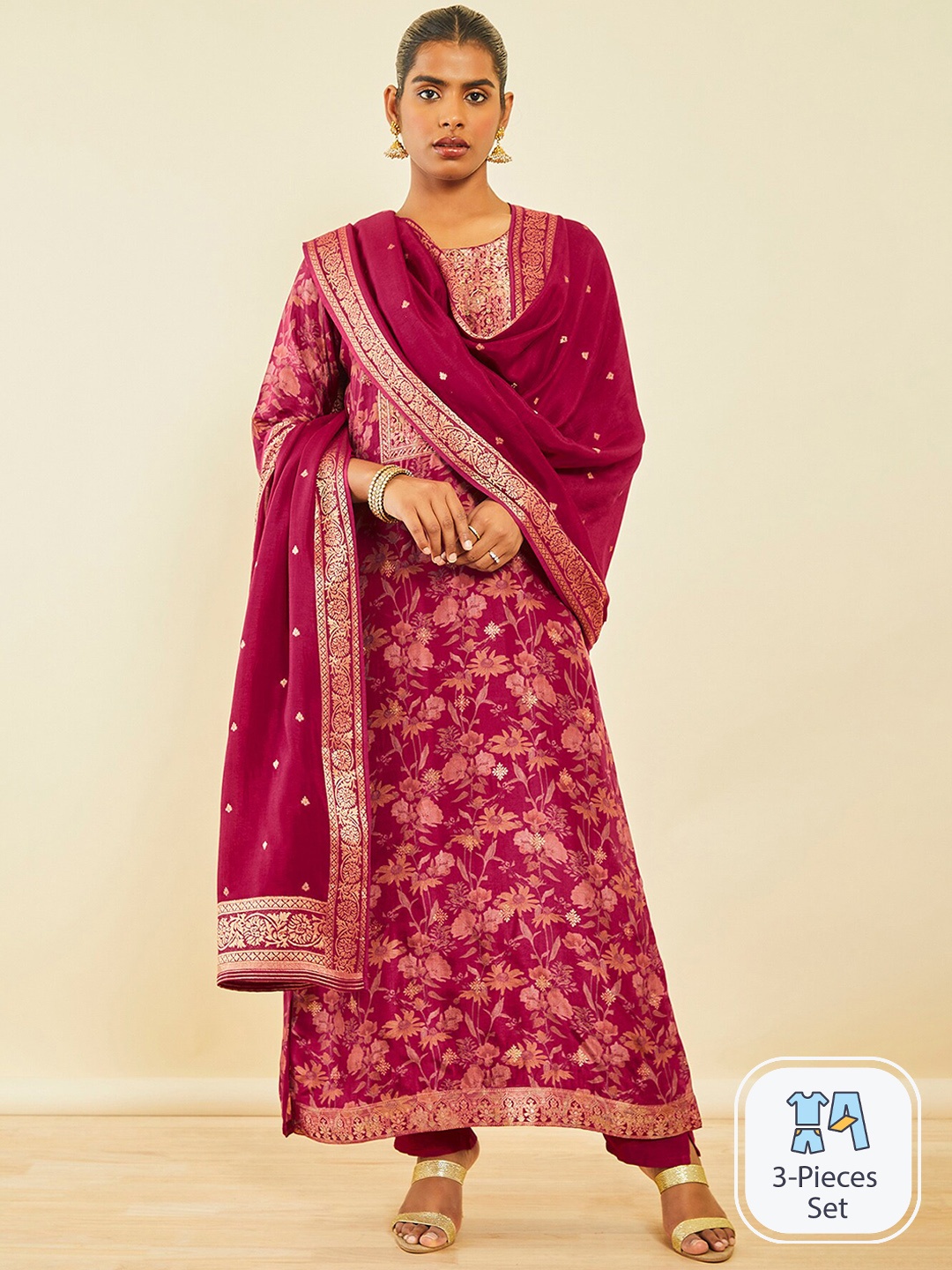 

Soch Floral Printed Regular Beads and Stones Kurta With Trousers & Dupatta, Pink