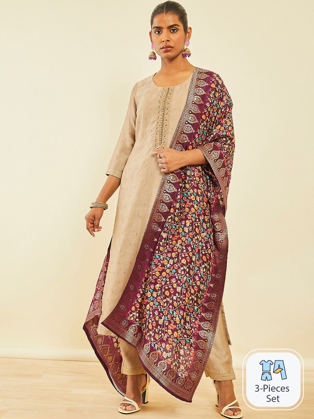 

Soch Ethnic Motifs Embroidered Sequinned Detail Straight Kurta & Trousers With Dupatta, Beige