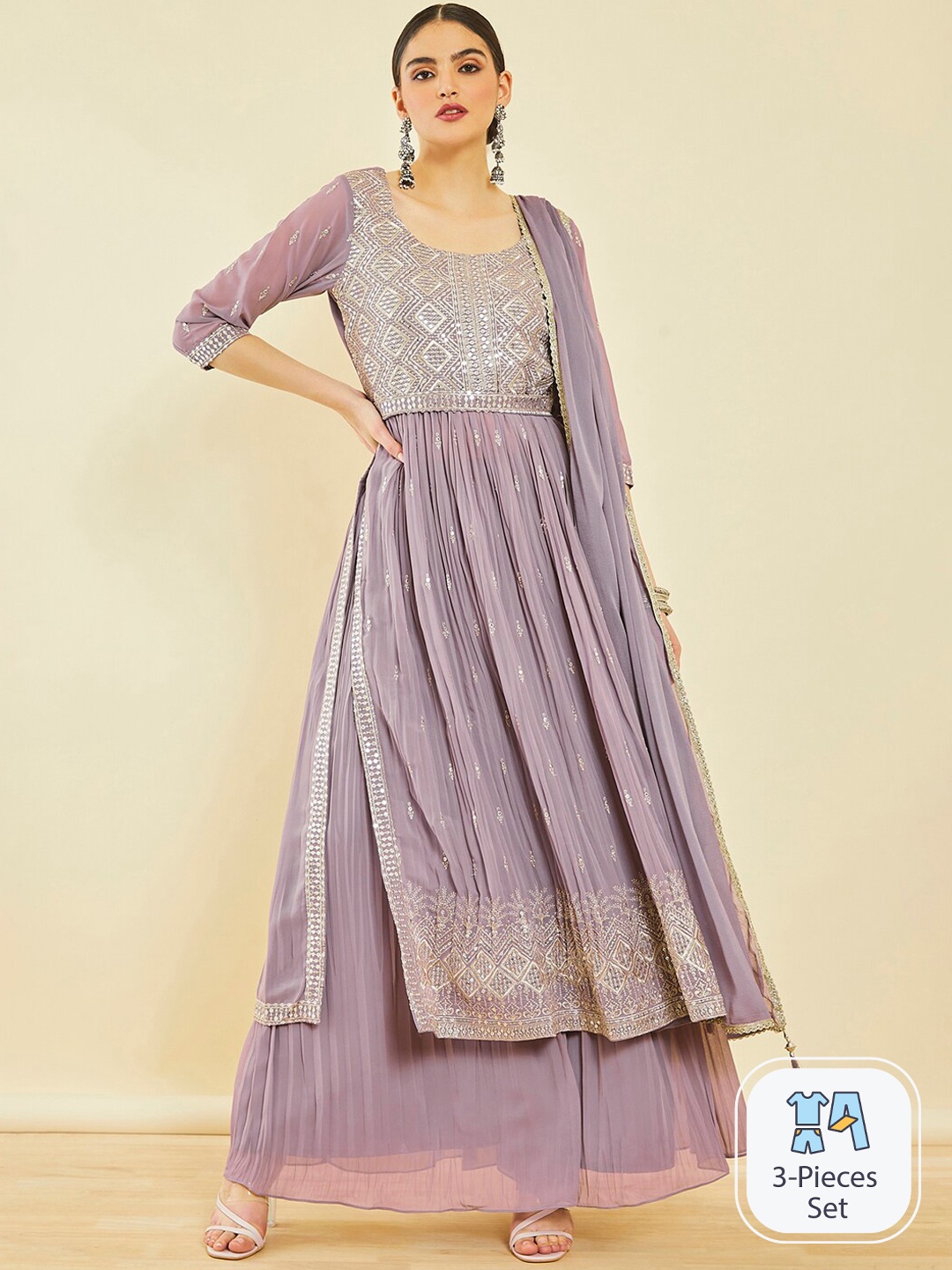 

Soch Ethnic Motifs Embroidered High Slit Sequinned Kurta with Palazzos & Dupatta, Purple