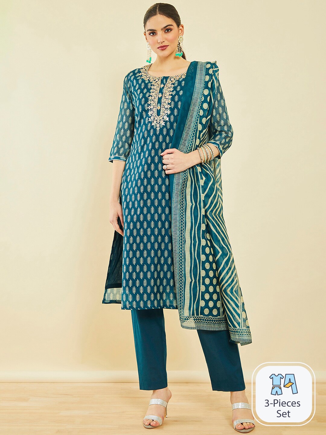 

Soch Teal & Beige Printed Mirror Work Chanderi Silk Kurta with Trousers & Dupatta