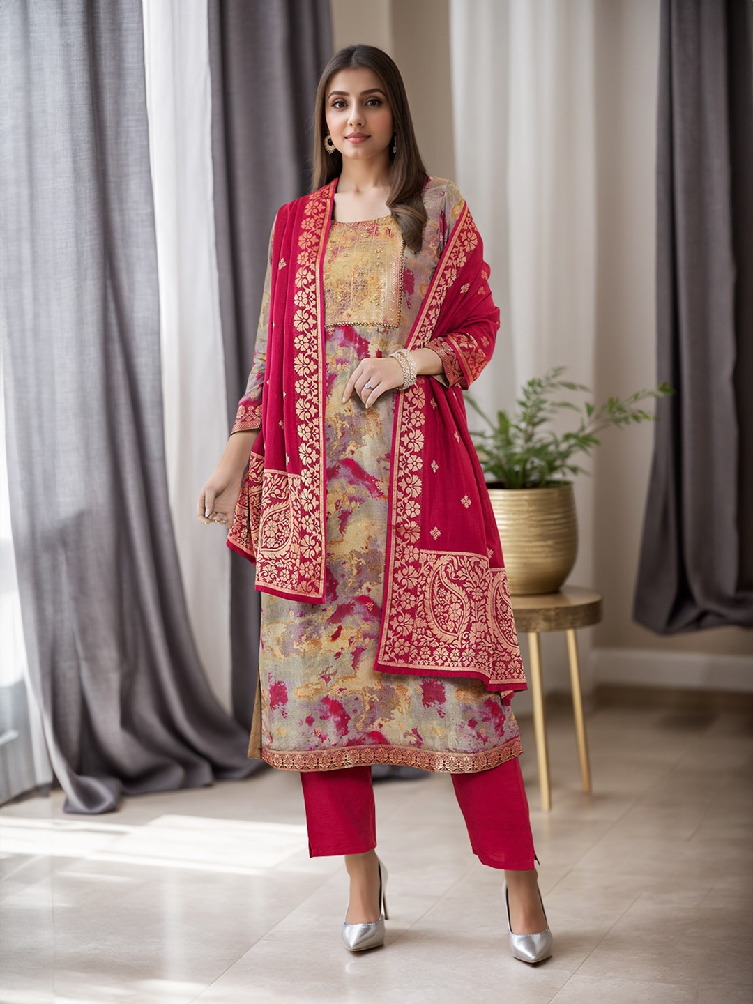 

Soch Abstract Printed Regular Beads and Stones Kurta with Trousers & Dupatta, Pink