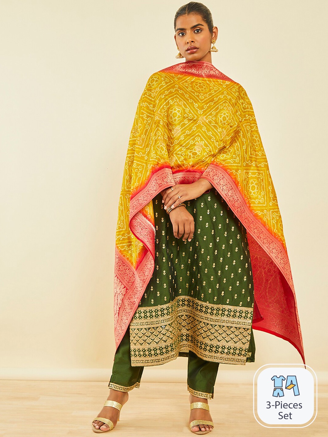

Soch Ethnic Motifs Embroidered Sequinned Chanderi Silk Straight Kurta Set, Green