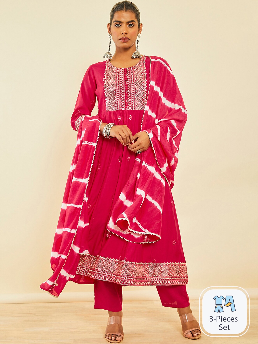 

Soch Ethnic Motifs Embroidered Sequinned Kurta & Trousers With Dupatta, Pink