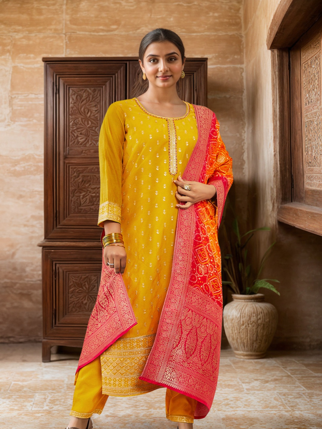 

Soch Yellow & Pink Ethnic Motifs Embroidered Chanderi Silk Kurta with Trousers & Dupatta, Mustard