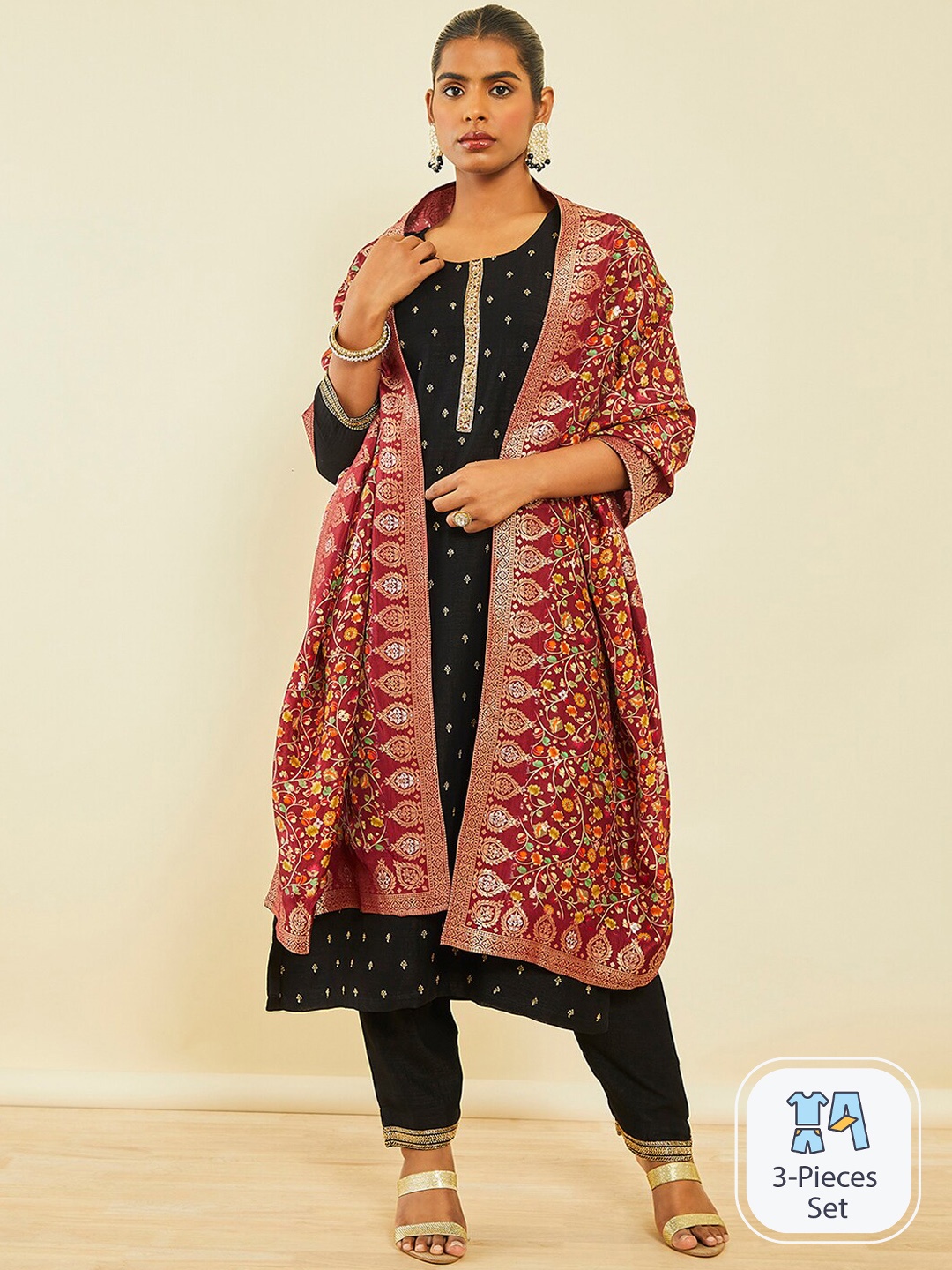

Soch Ethnic Motifs Embroidered Beads and Stones Kurta & Trousers With Dupatta, Black