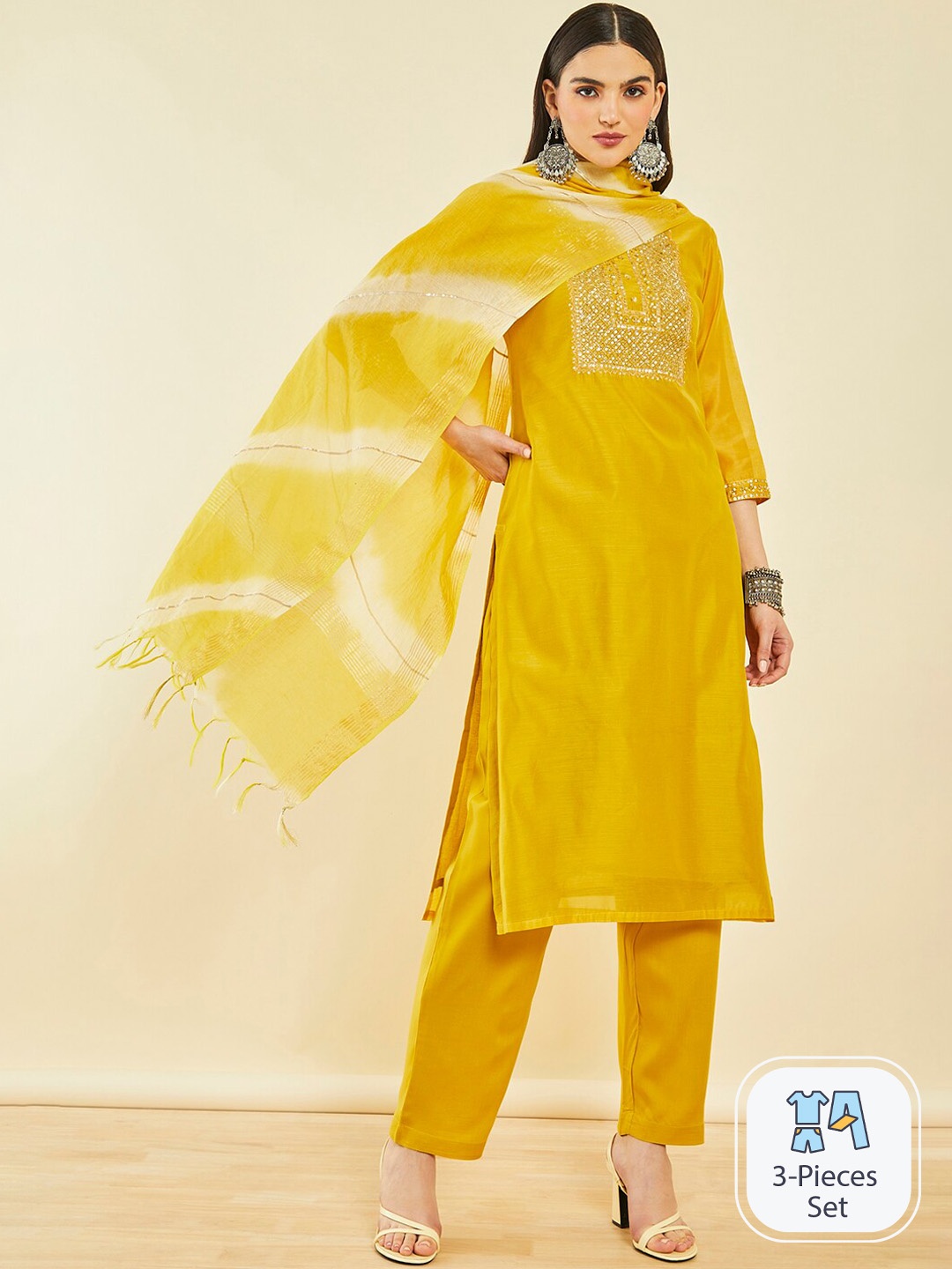 

Soch Ethnic Motifs Yoke Design Sequinned Chanderi Silk Kurta With Trousers & Dupatta, Mustard