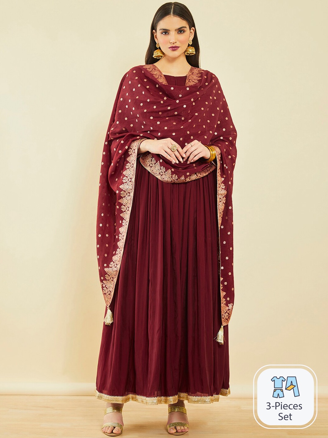 

Soch Ethnic Motifs Embroidered Sequinned Kurta with Churidar & Dupatta, Maroon