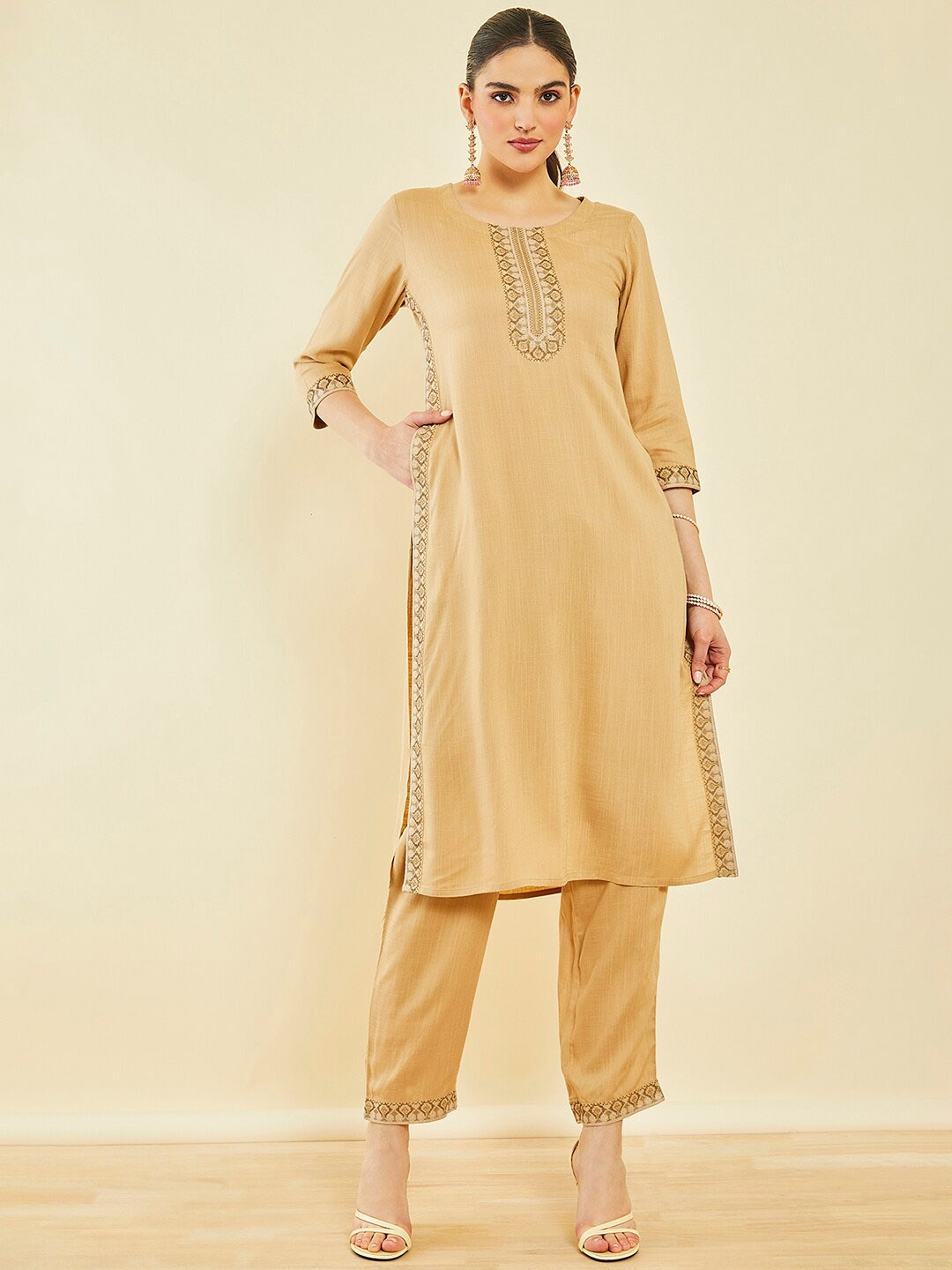 

Soch Ethnic Motifs Yoke Design Thread Work Kurta & Trousers, Beige
