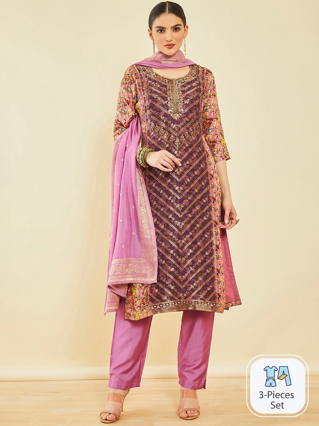 

Soch Ethnic Motifs Printed Beads and Stones Kurta & Trousers With Dupatta, Magenta