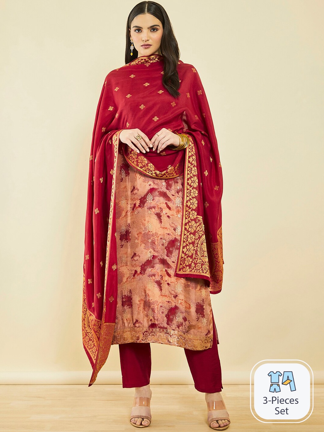 

Soch Abstract Printed Regular Beads And Stones Kurta With Trousers & Dupatta, Red