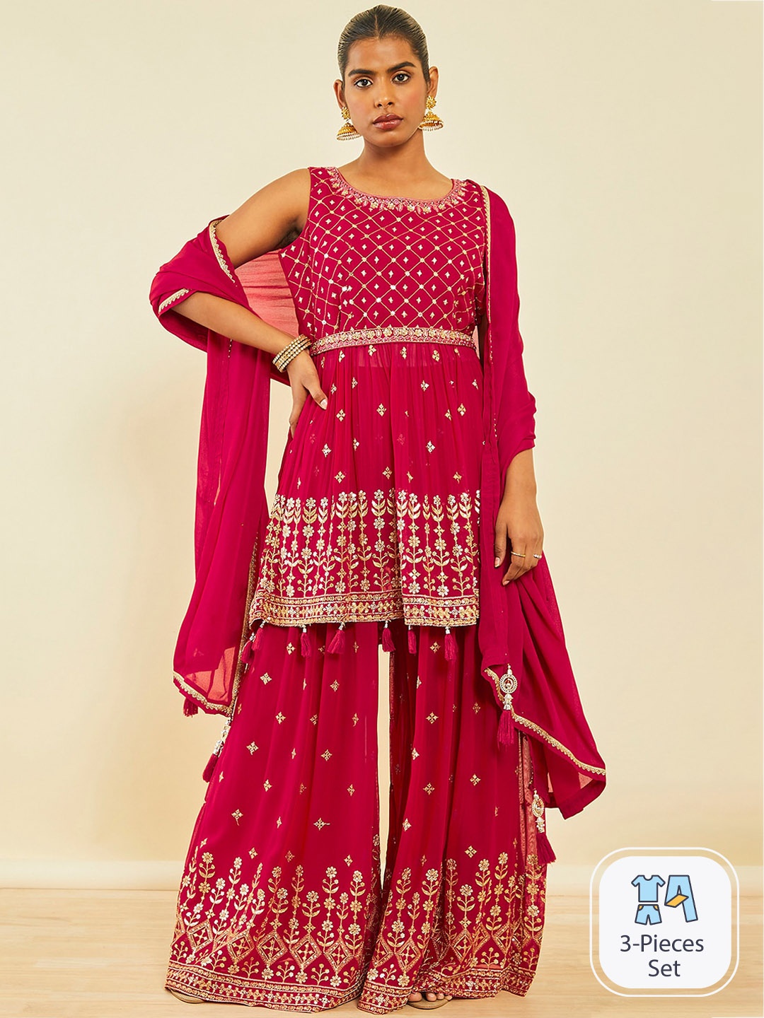 

Soch Floral Embroidered Sequinned A-Line Kurta with Palazzos & Dupatta, Pink