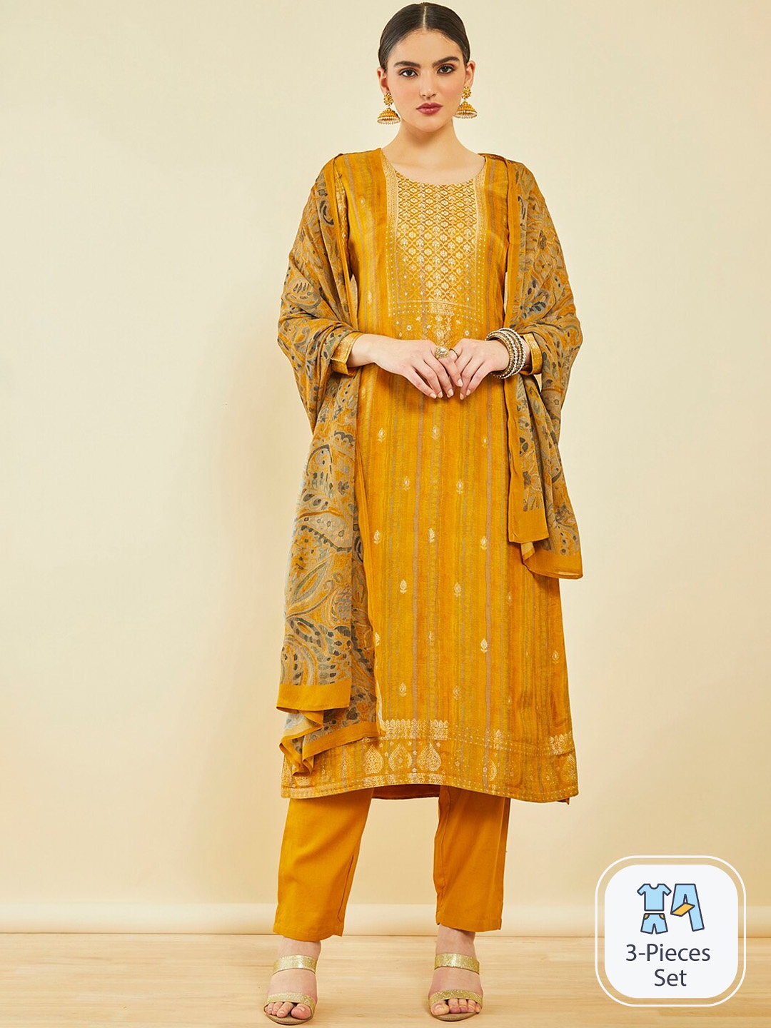 

Soch Ethnic Motifs Woven Design Zari Kurta With Trousers & Dupatta, Mustard