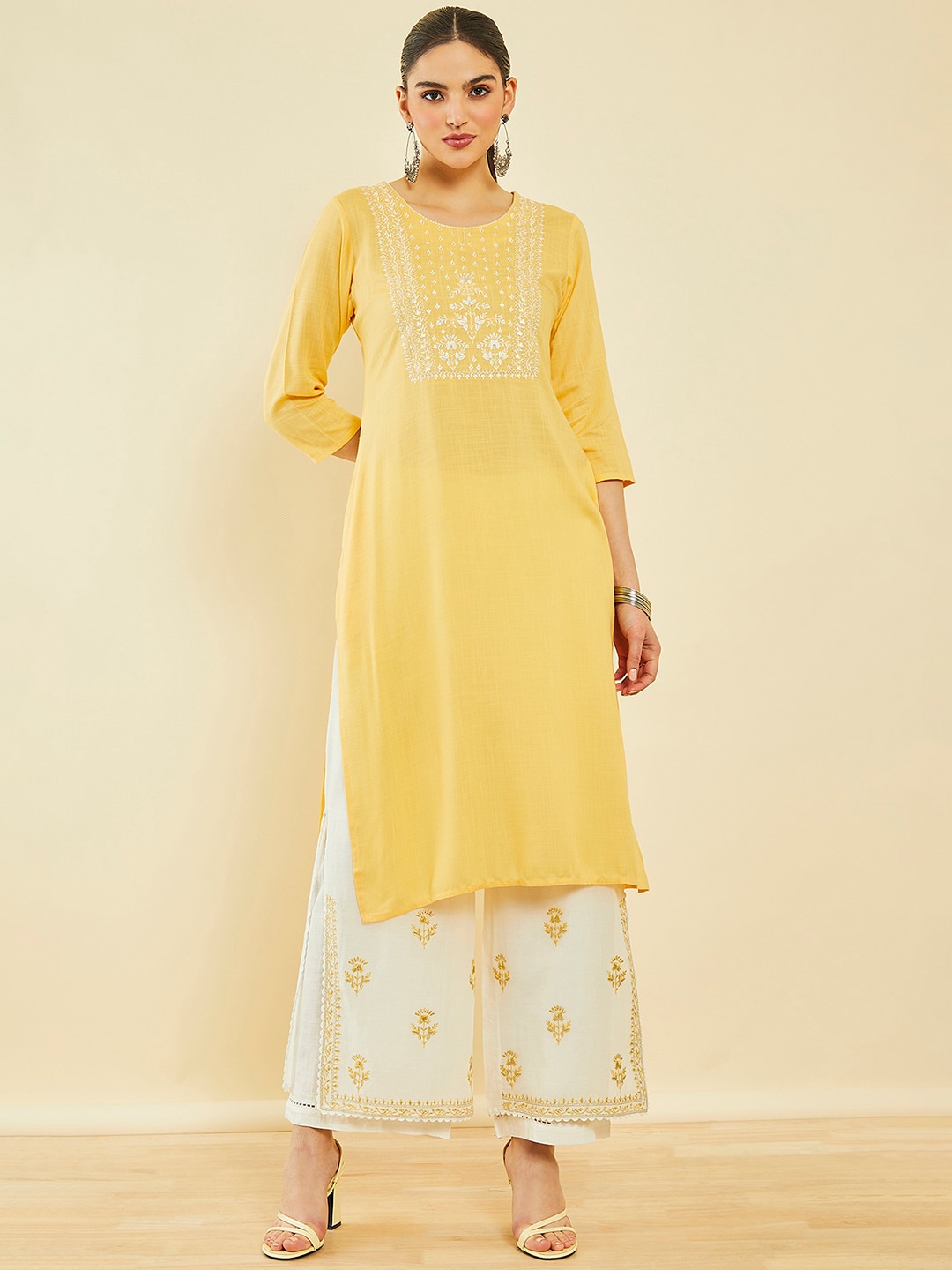 

Soch Ethnic Motifs Yoke Design Thread Work Kurta With Palazzos, Yellow