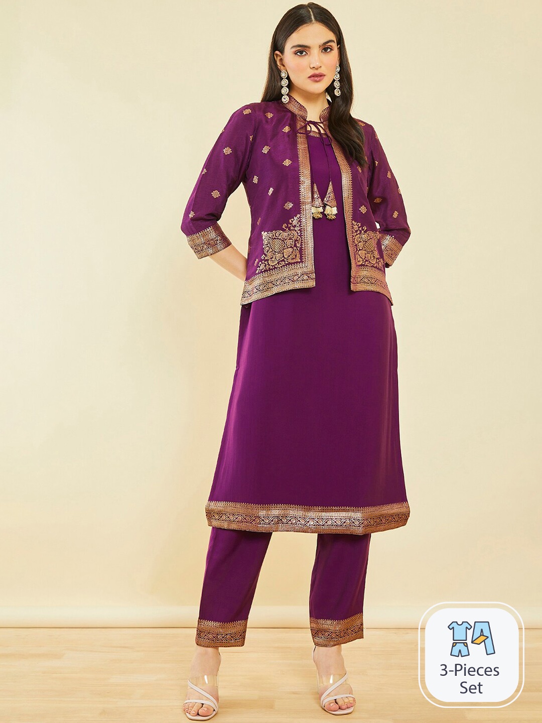 

Soch Ethnic Motifs Woven Design Round Neck Kurta with Trousers & Jacket, Purple