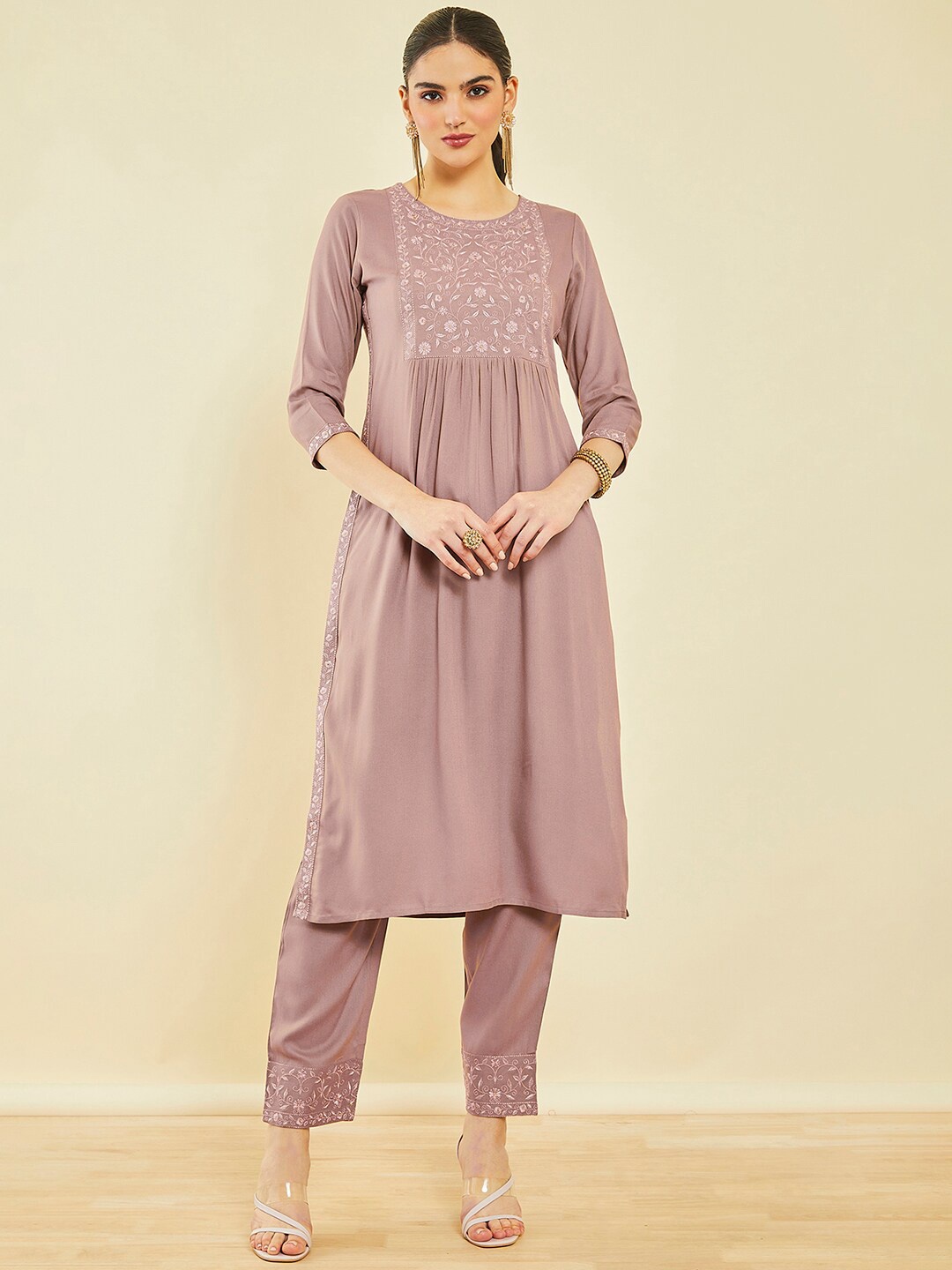 

Soch Floral Embroidered Regular Thread Work Kurta with Trousers, Brown