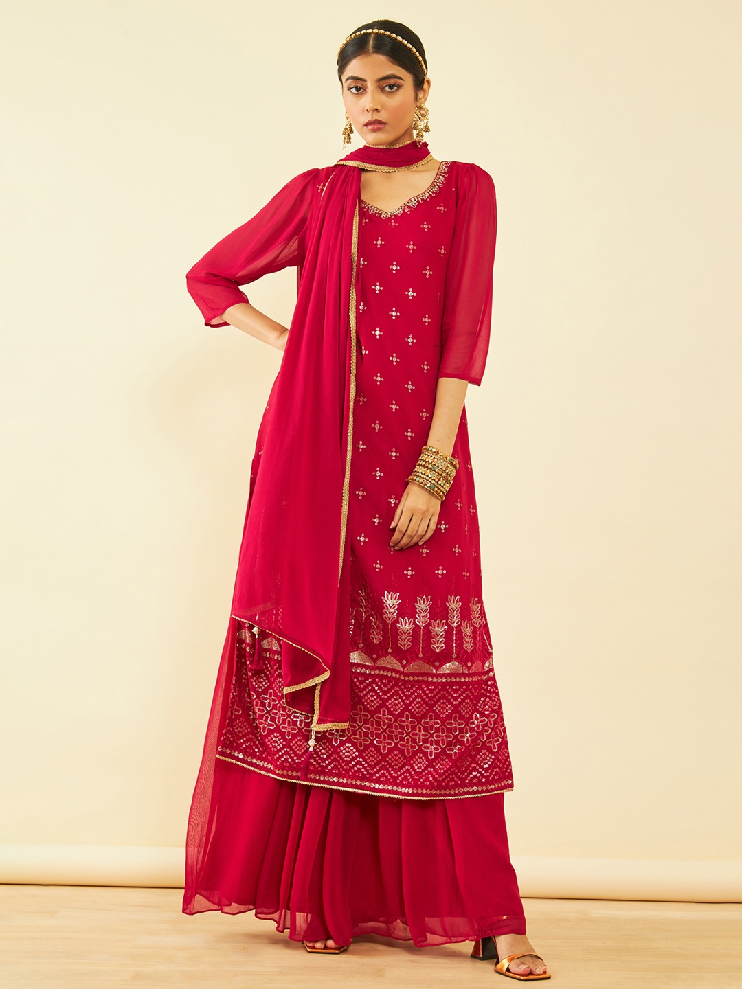 

Soch Ethnic Motifs Embroidered Sequinned Kurta & Palazzos With Dupatta, Red