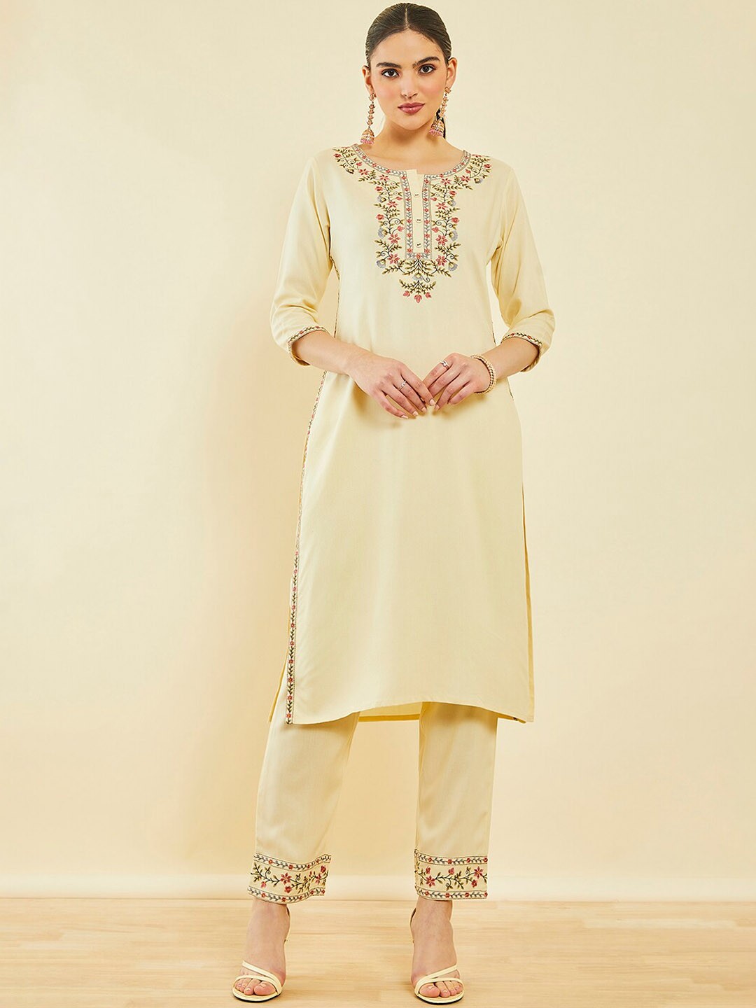 

Soch Floral Embroidered Thread Work Kurta With Trousers, Cream