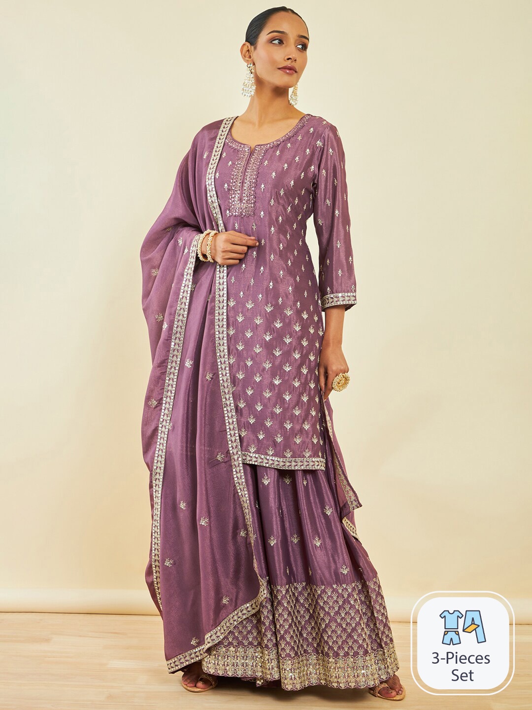 

Soch Ethnic Motifs Embroidered Sequinned Kurta with Palazzos & Dupatta, Pink