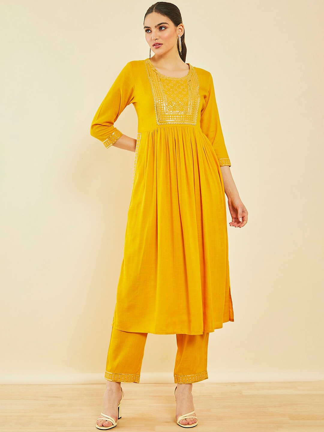 

Soch Yoke Design Regular Sequinned Kurta With Trousers, Mustard