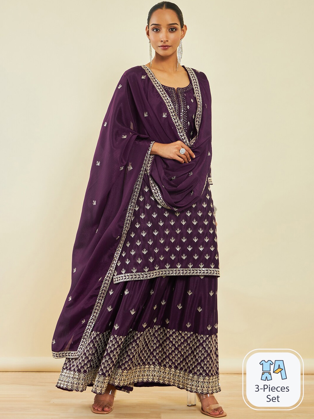 Soch Ethnic Motifs Embroidered Regular Sequinned Kurta With Palazzos & Dupatta, Maroon