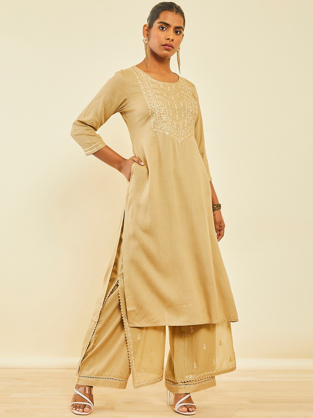 

Soch Ethnic Motifs Embroidered Thread Work Kurta & Palazzos, Brown
