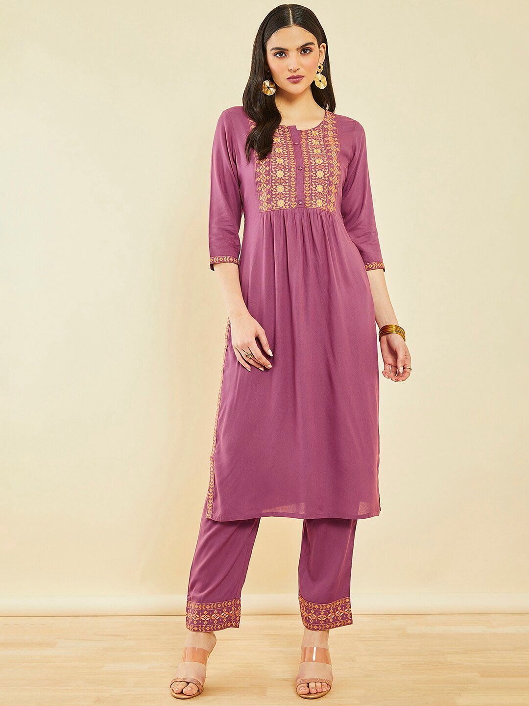

Soch Ethnic Motifs Embroidered Regular Thread Work Kurta with Trousers, Pink