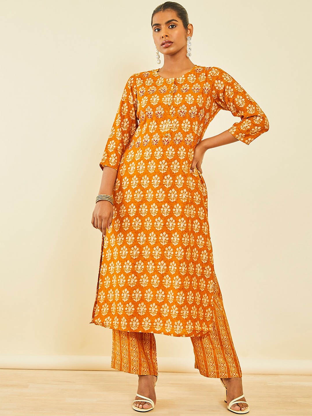 

Soch Ethnic Motifs Printed Sequinned Kurta With Palazzos, Mustard