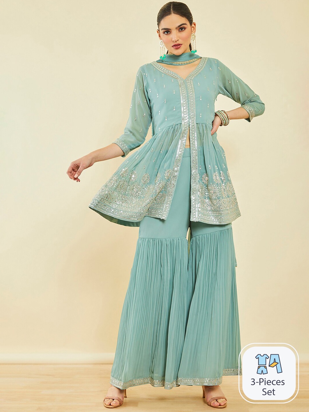 

Soch Ethnic Motifs Embroidered A-Line Pleated Sequinned Kurta with Sharara & Dupatta, Sea green