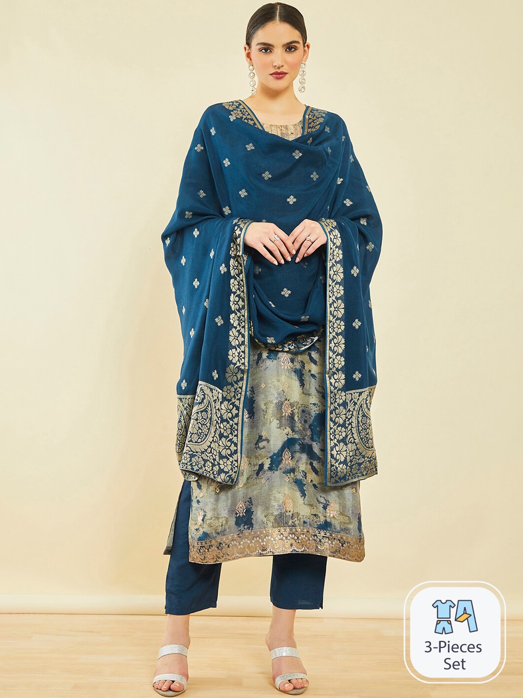 

Soch Printed Beads And Stones Kurta With Trousers & Dupatta, Navy blue