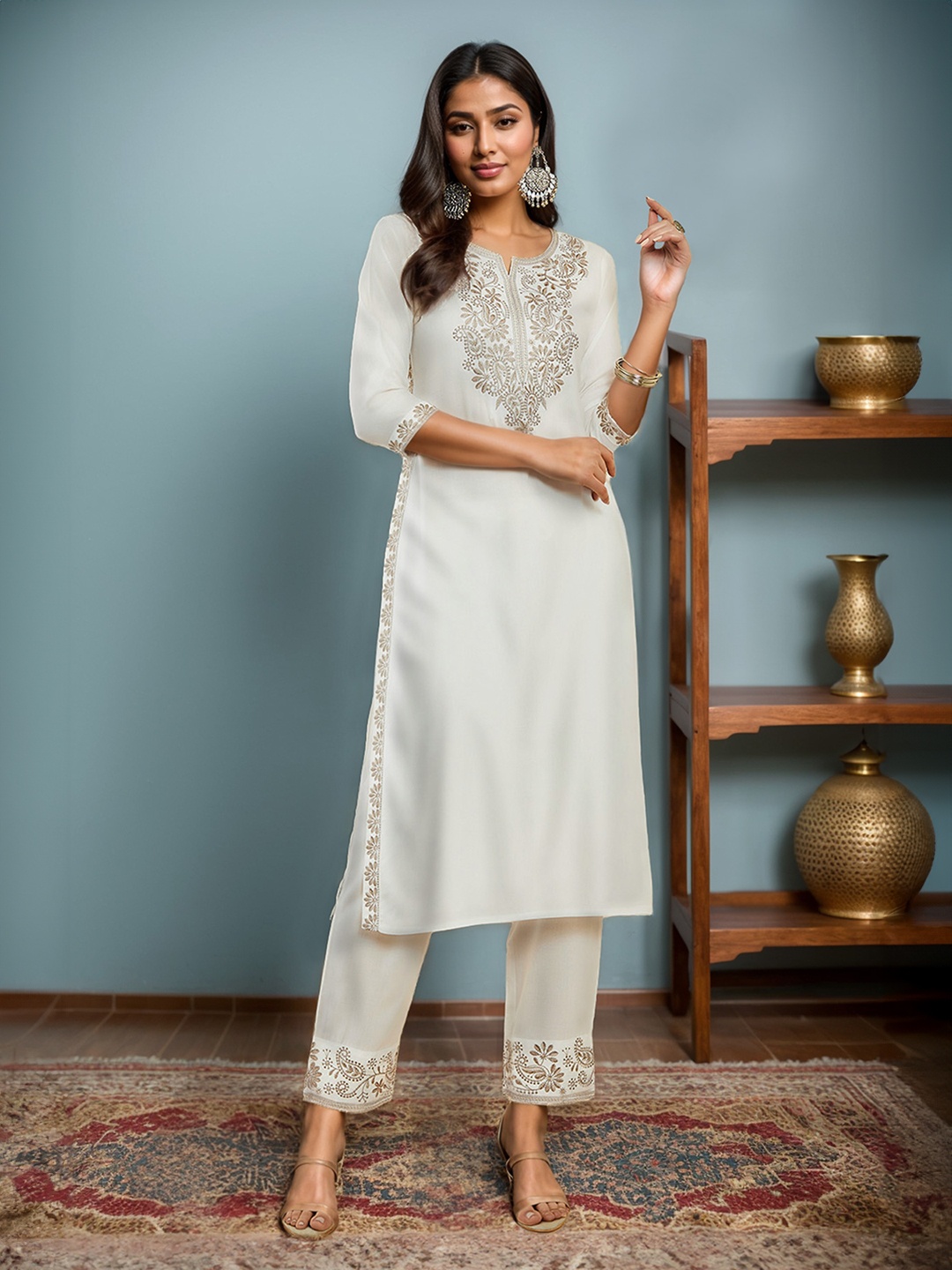 

Soch Thread Work Detailed Straight Kurta & Trousers, Off white