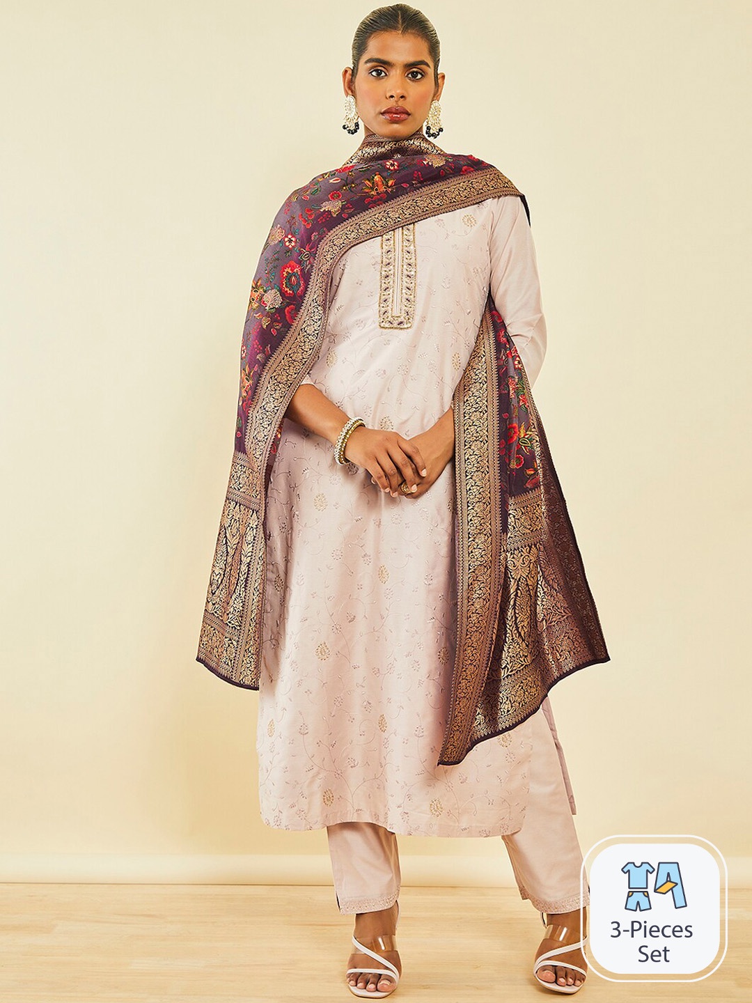 

Soch Floral Embroidered Beads and Stones Kurta with Trousers & Dupatta, Pink