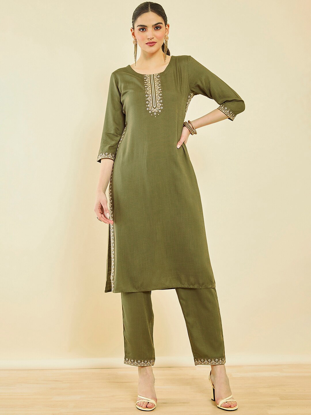 

Soch Ethnic Motifs Yoke Design Thread Work Straight Kurta With Trouser, Olive
