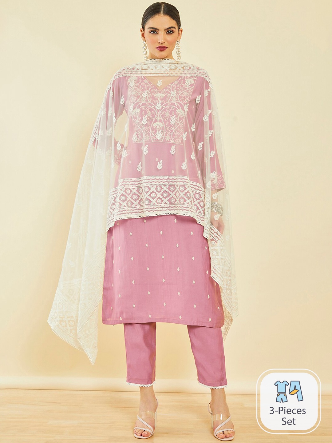 

Soch Pink & Off-White Ethnic Motifs Embroidered Kurta with Trousers & Dupatta