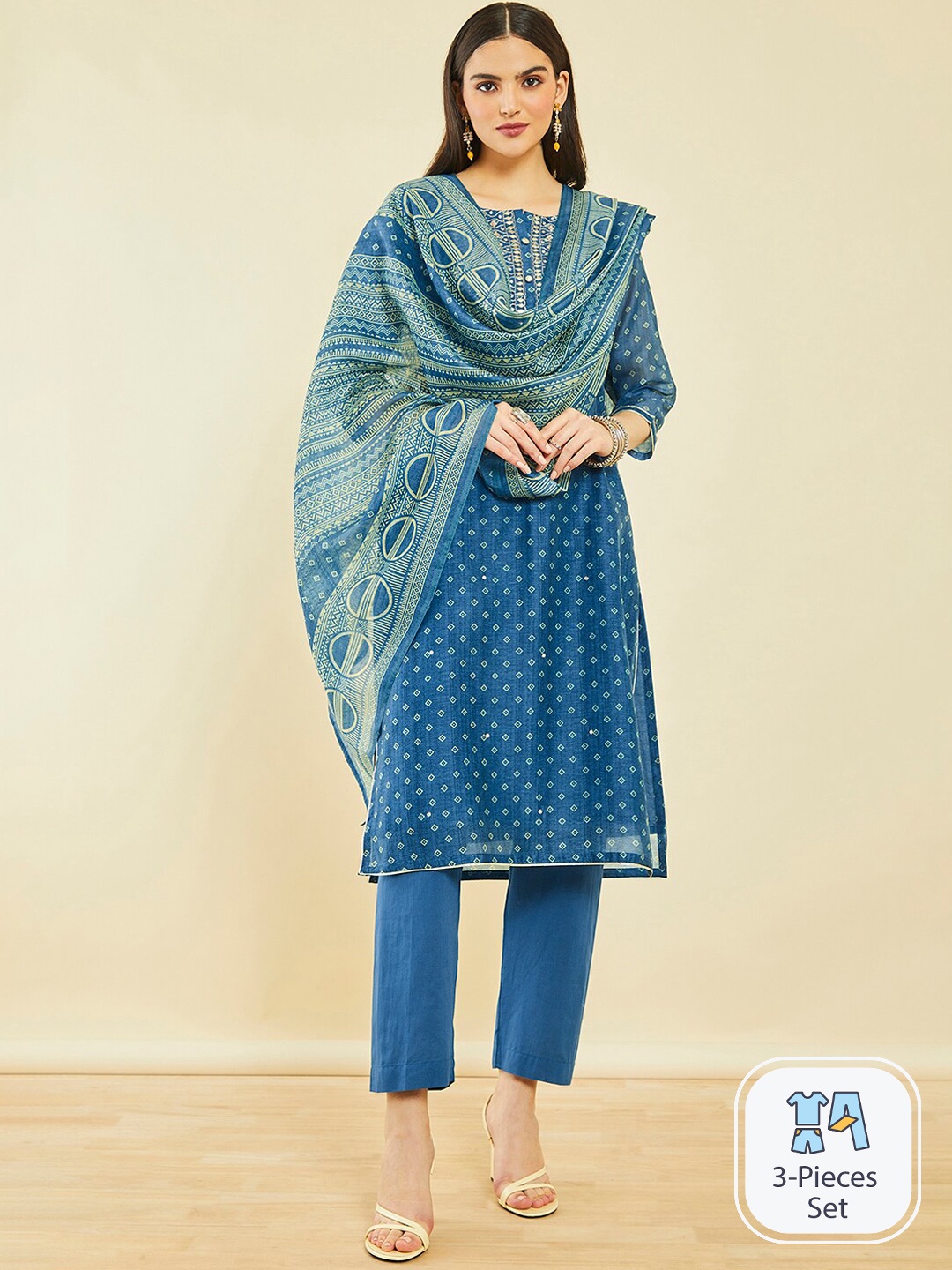 

Soch Bandhani Printed Regular Gotta Patti Kurta with Trousers & Dupatta, Teal