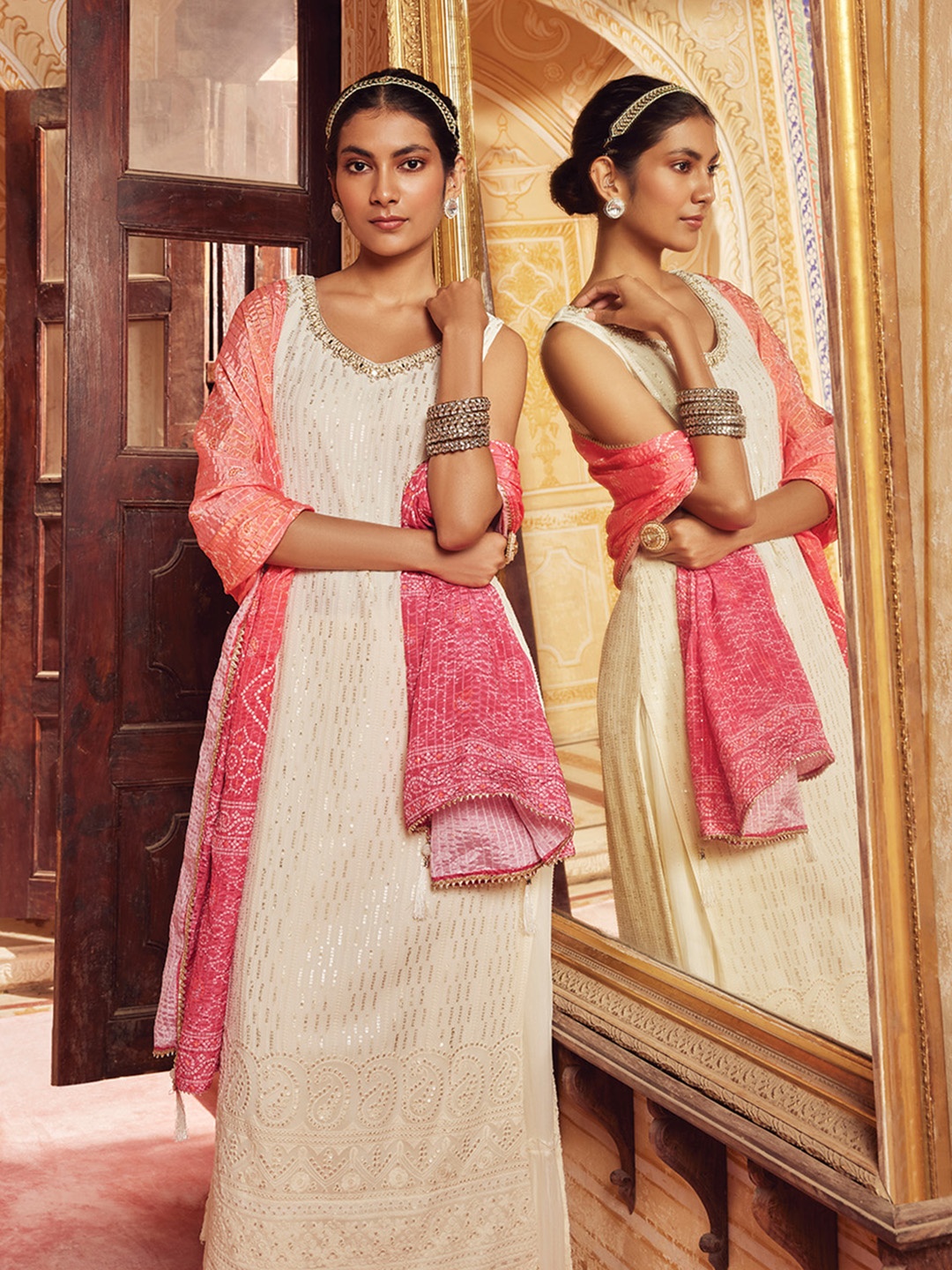 

Soch Ethnic Motifs Embroidered High Slit Thread Work Kurta With Sharara & Dupatta, Off white