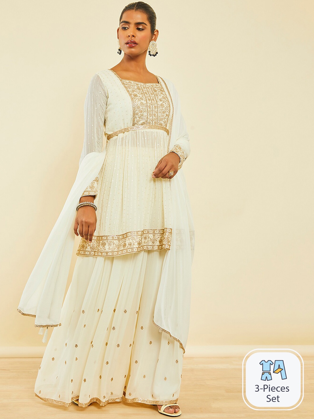 

Soch Ethnic Motifs Embroidered Sequinned Anarkali Kurta & Palazzos With Dupatta, White