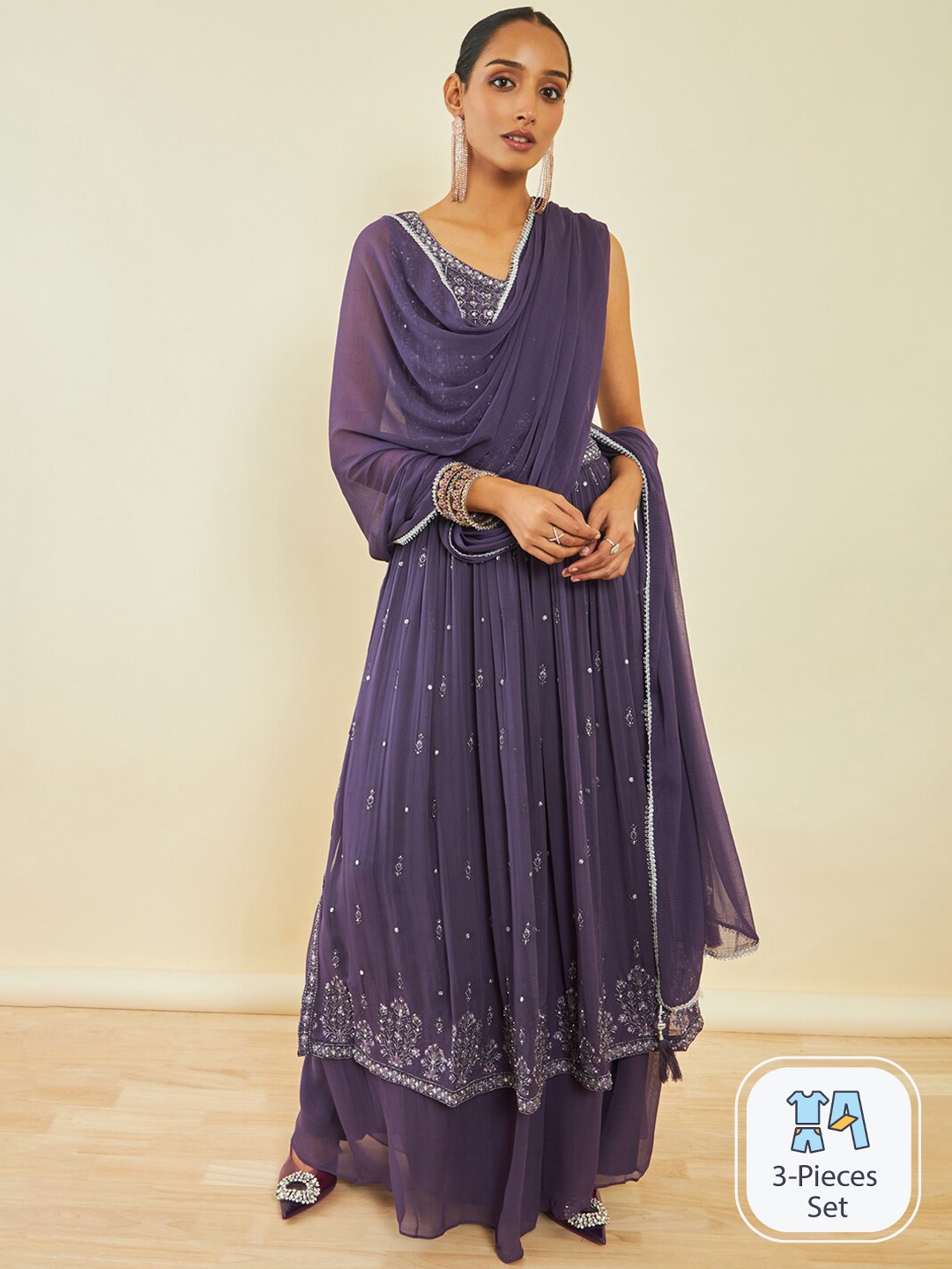 

Soch Ethnic Motifs Embroidered Sequinned A-Line Kurta & Palazzos With Dupatta, Purple