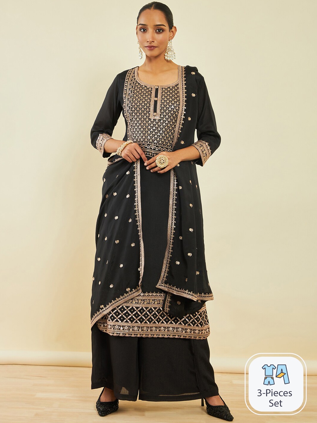 

Soch Black & Gold-Toned Ethnic Motifs Embroidered Sequinned Kurta with Palazzos & Dupatta