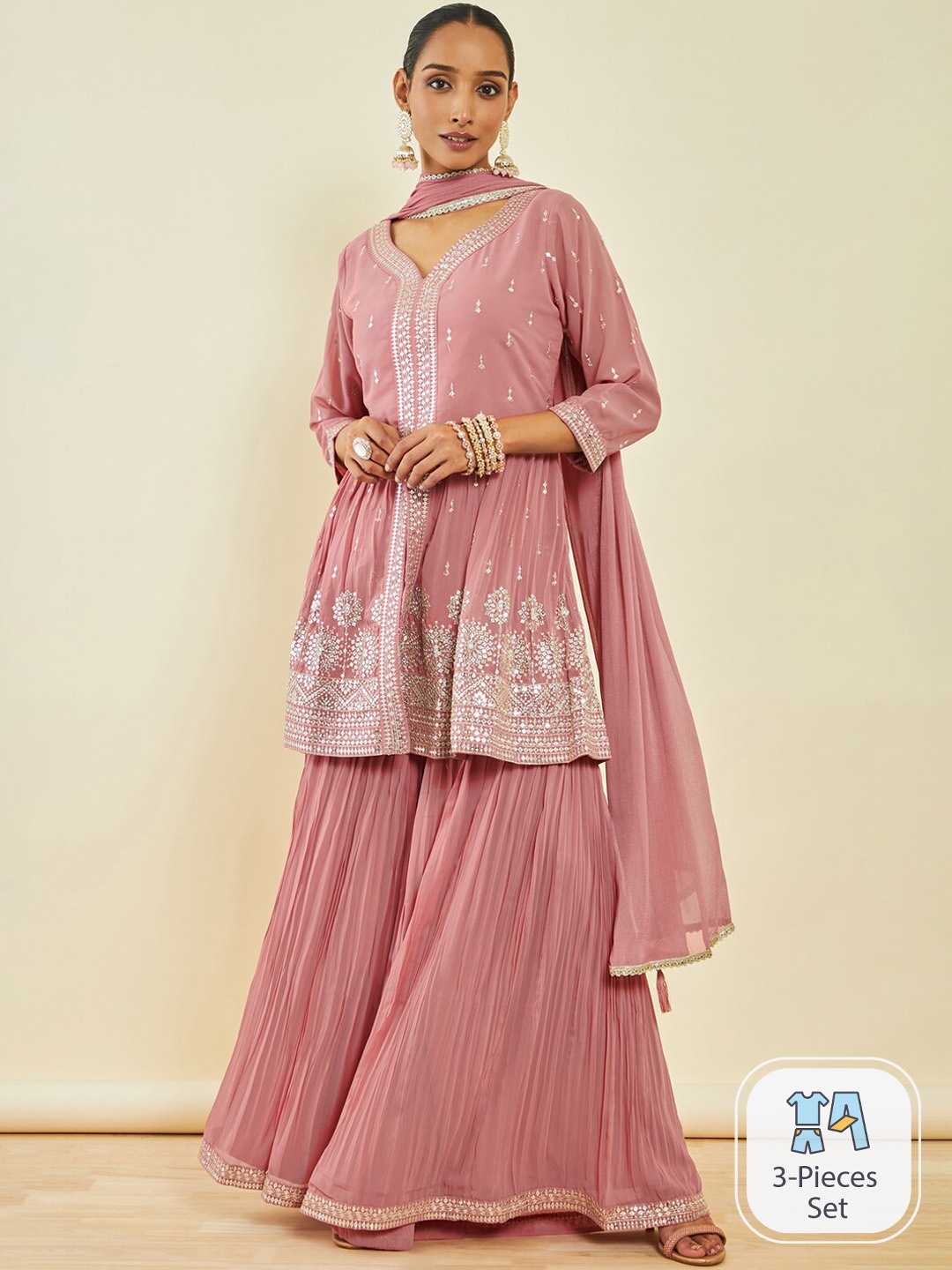 

Soch Ethnic Motifs Embroidered Sequinned Kurta With Sharara & Dupatta, Pink