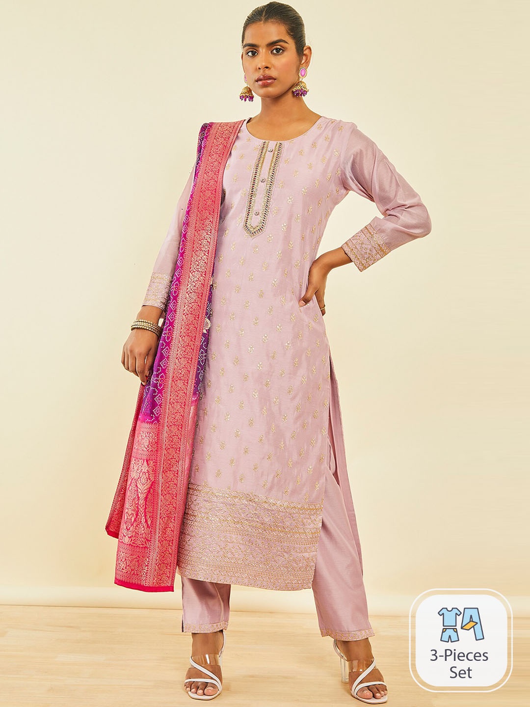 

Soch Ethnic Motifs Embroidered Sequinned Detail Chanderi Silk Straight Kurta Set, Pink