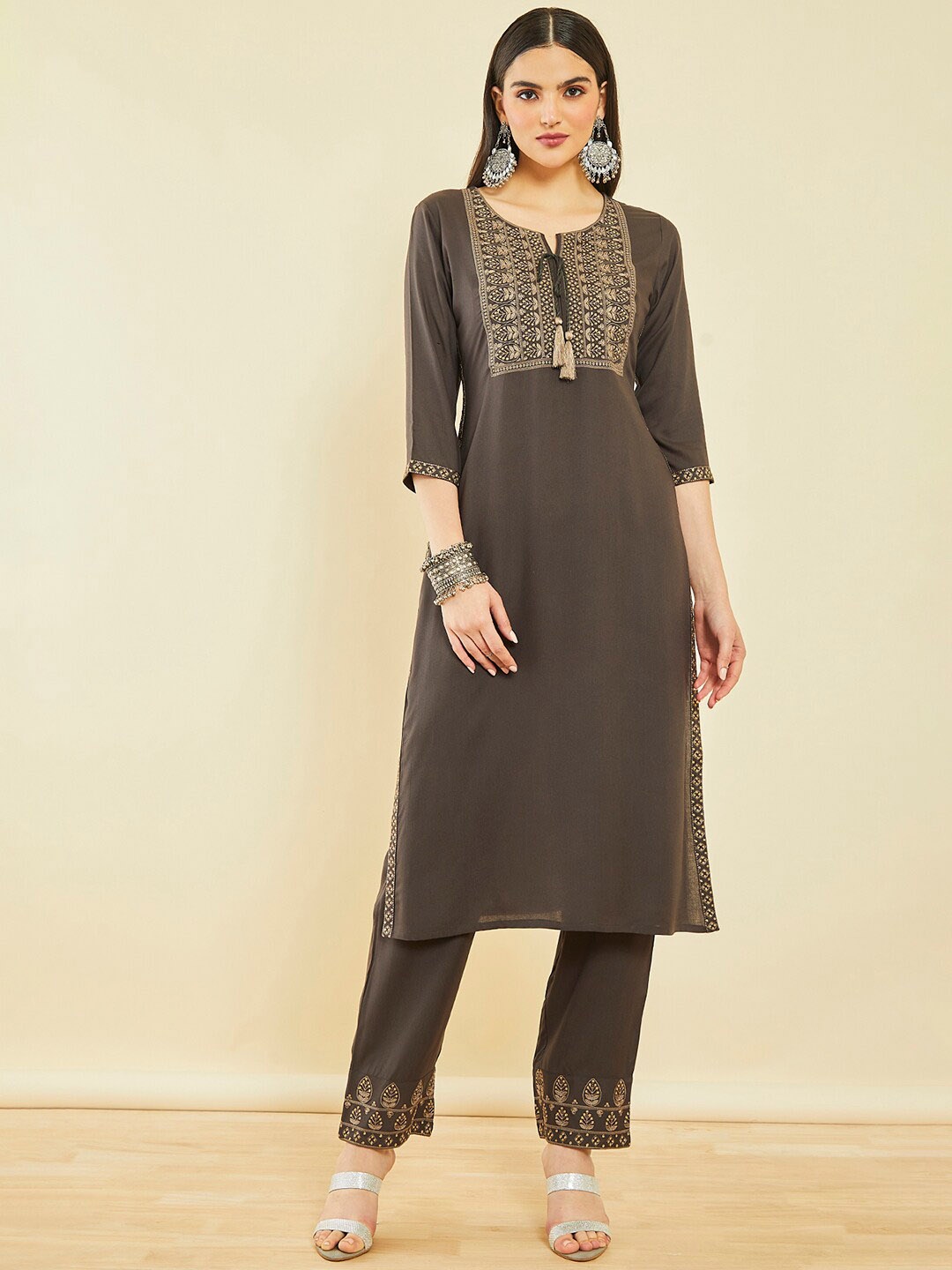 

Soch Ethnic Motifs Yoke Design Regular Thread Work Kurta with Trousers, Charcoal